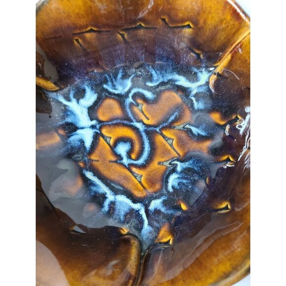 Vintage 80s Hilborn Pottery Brown Blue Drip Glazed Ceramic Handmade Ruffle Bowl - Picture 3 of 7